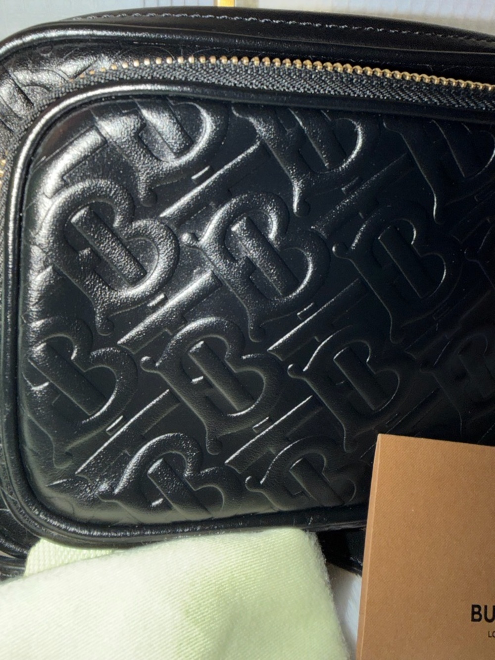 Burberry Monogram Embossed Leather Camera Bag Black Gold Chain Crossbody - Picture 12 of 13